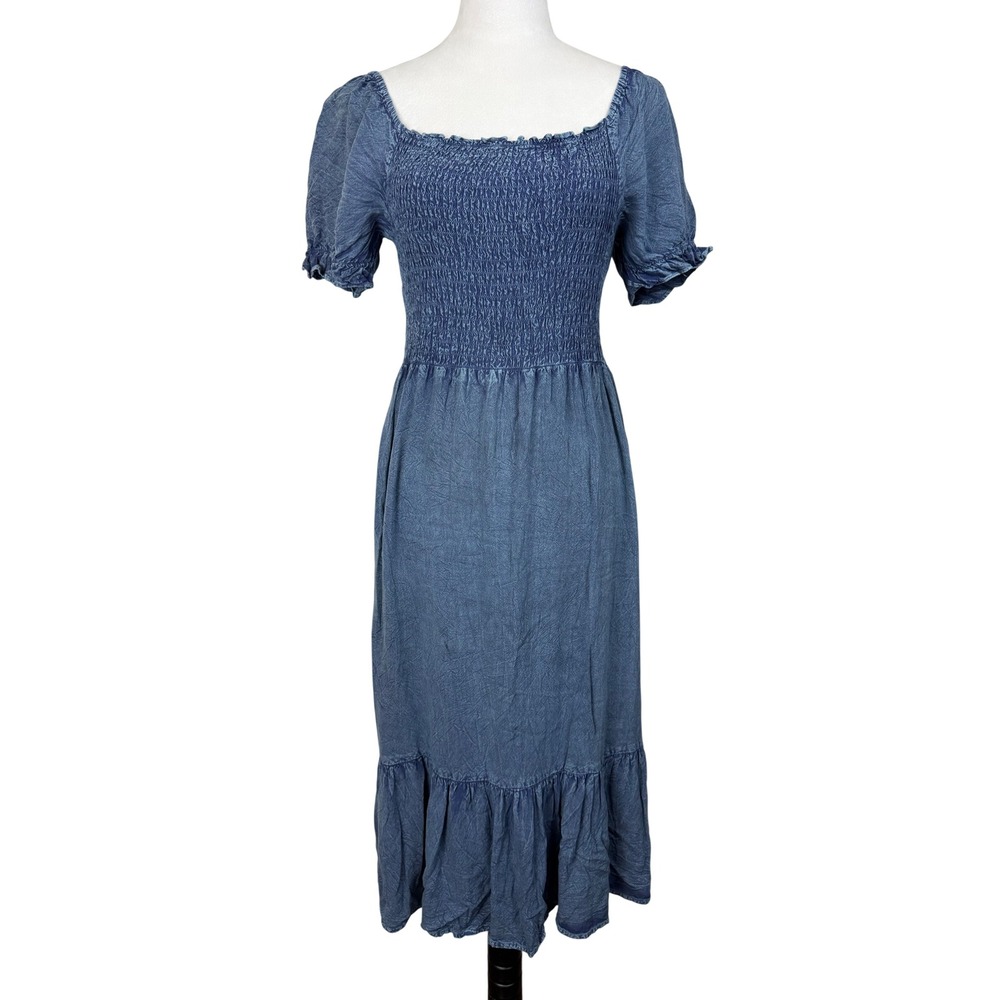 Mlle Gabrielle Women Dress M Blue Smocked Puff Sleeve Tiered Ruffle Midi